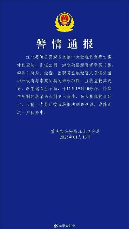 警方通报锦鲤大批死亡：人为投毒